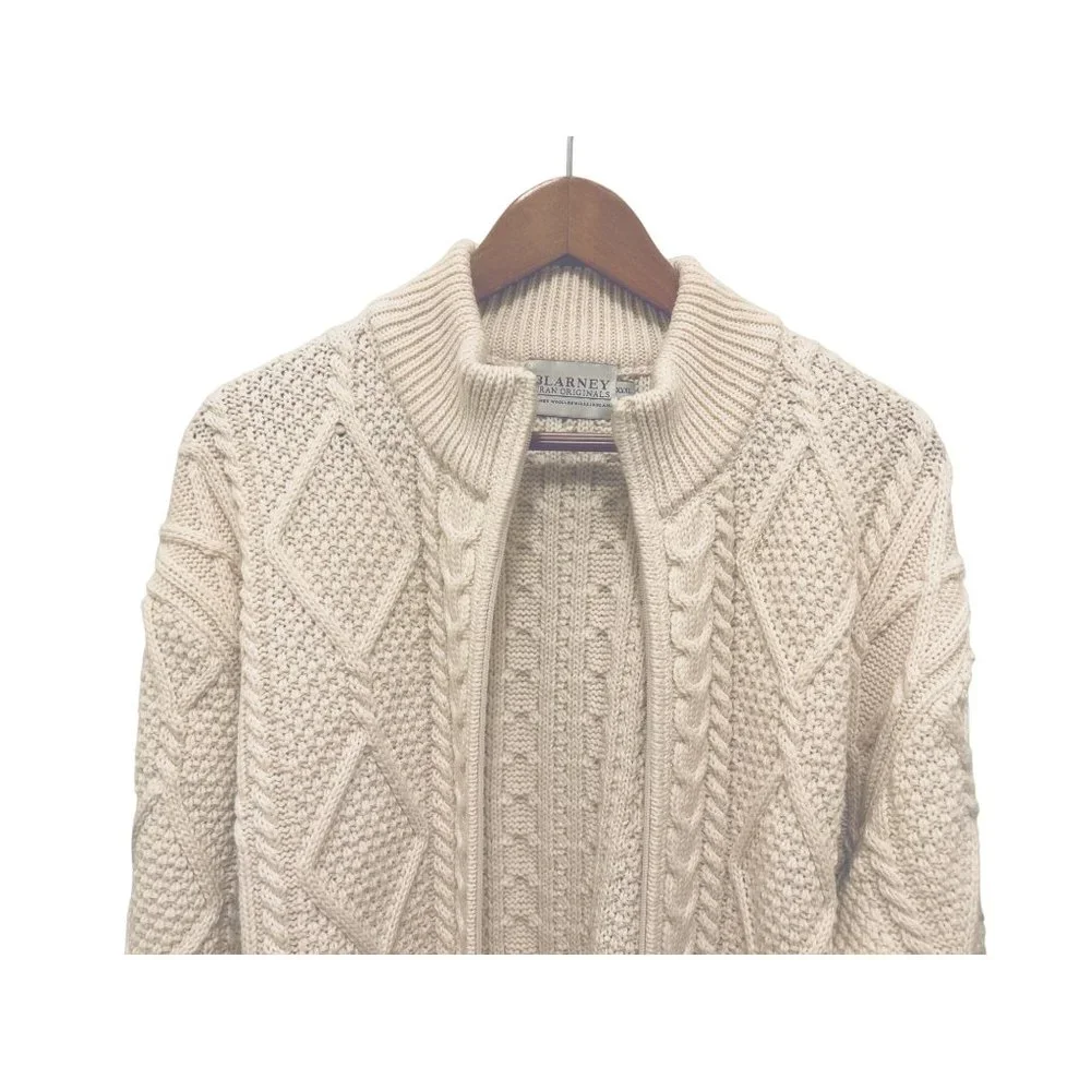BLARNEY WOOLLEN MILLS ARANS - Hand-Knit Full Zip Aran Cardigan White Size 3XL - Picture 10 of 11